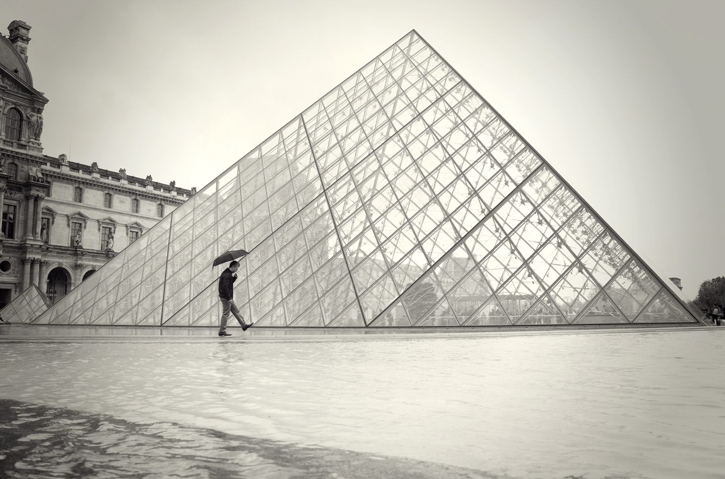 France, Louvre Pyramid, Pyramide du Louvre, umbrella